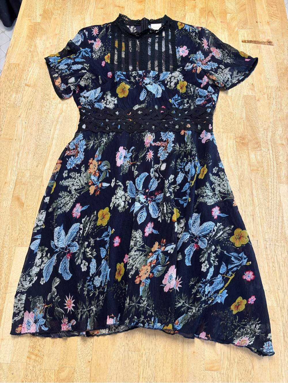 Anthropologie Foxiedox Juniper Navy Floral Lace-Yoke Dress w/Multicolor Blooms